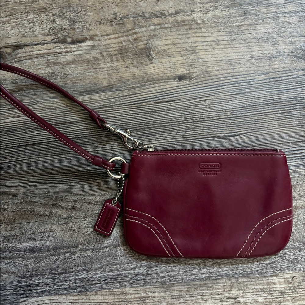 Coach Burgundy Leather Wristlet Pouch with Detachable Strap